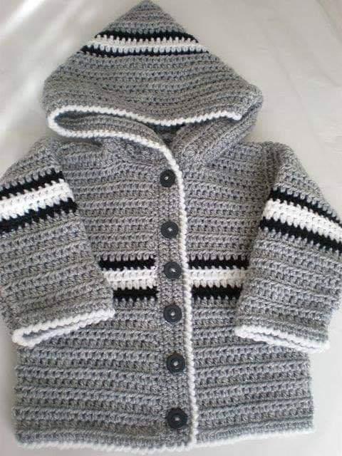 Crochet baby grey hooded cardigan with stripes
