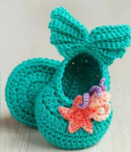 Handmade crochet baby mermaid booties in teal