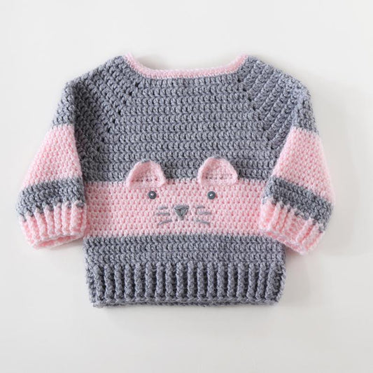 Crochet baby grey sweater with pink mouse face