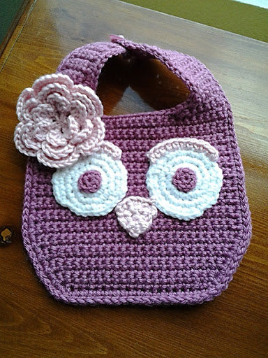 Handmade crochet baby purple owl bib
