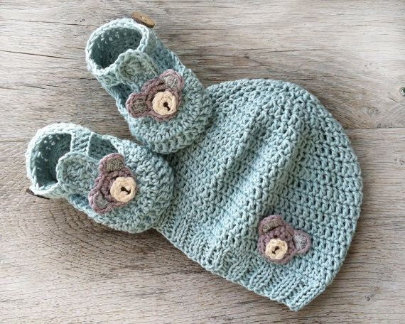 Crochet baby cap and booties set in sage green with small flowers