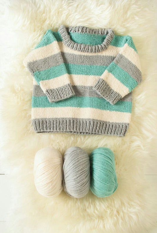 Crochet baby striped sweater in mint, grey and cream