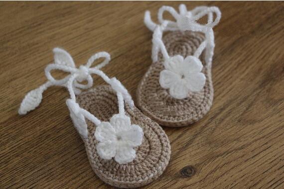 Handmade crochet baby tan flower sandals