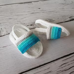 Handmade crochet baby teal stripe sandals