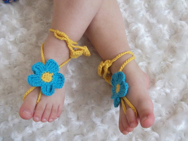 Blue crochet barefoot baby flower sandals with green vine straps