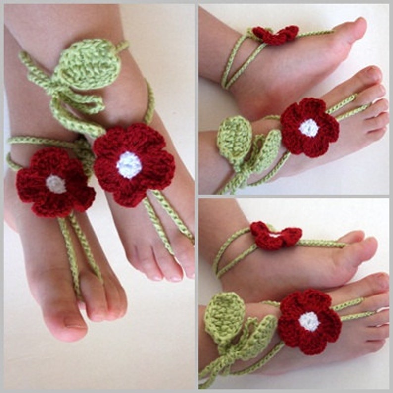 Crochet barefoot baby flower sandals with green vine straps, shown in red, blue and white designs