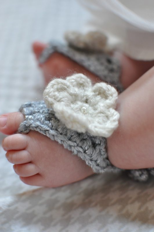 Grey crochet barefoot baby sandals with ivory pearl flower