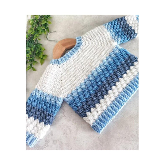Handmade crochet baby blue, grey and white striped sweater