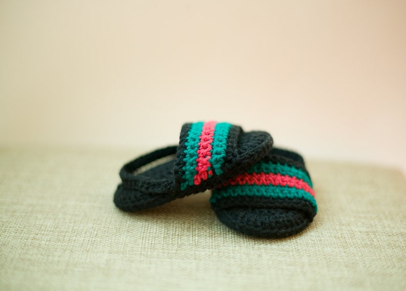 Handmade crochet baby black striped sandals
