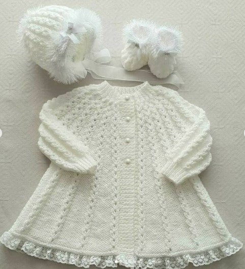 Handmade crochet baby girl white dress set with bonnet and booties