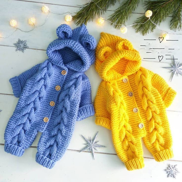 Handmade crochet baby bear hooded romper in blue and yellow with ear detail