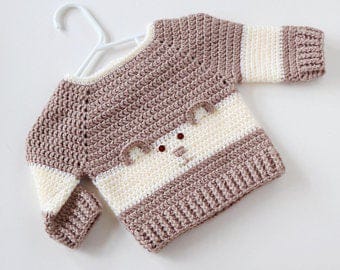 Handmade crochet baby bear face sweater in brown and cream