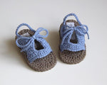 Handmade crochet baby bow tie sandals in blue and beige with bow detail