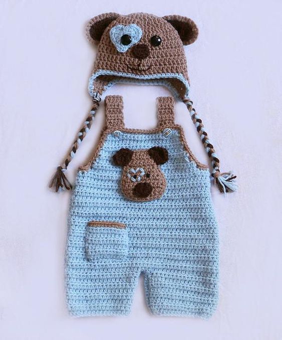 Handmade crochet baby boy bear dungaree set in blue and brown including dungaree and bear hat
