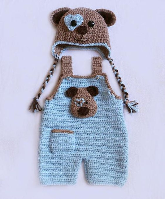 Handmade crochet baby boy bear dungaree set in blue and brown including dungaree and bear hat