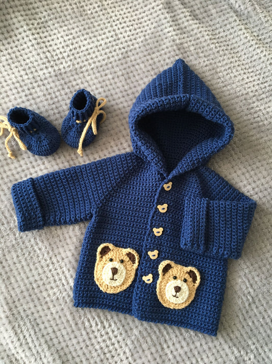 Handmade crochet baby boy navy hooded cardigan with teddy bear applique and matching booties