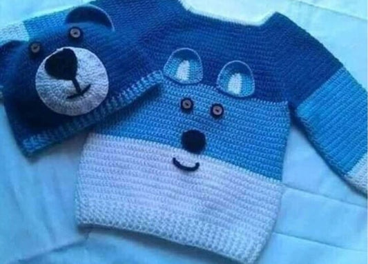 Handmade crochet baby boy bear sweater and hat set in navy, blue and white