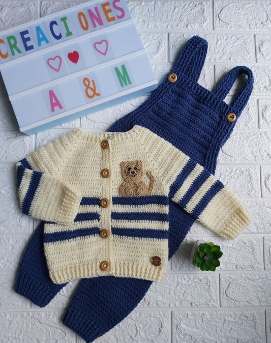 Handmade crochet baby boy cardigan and dungaree set in blue and cream