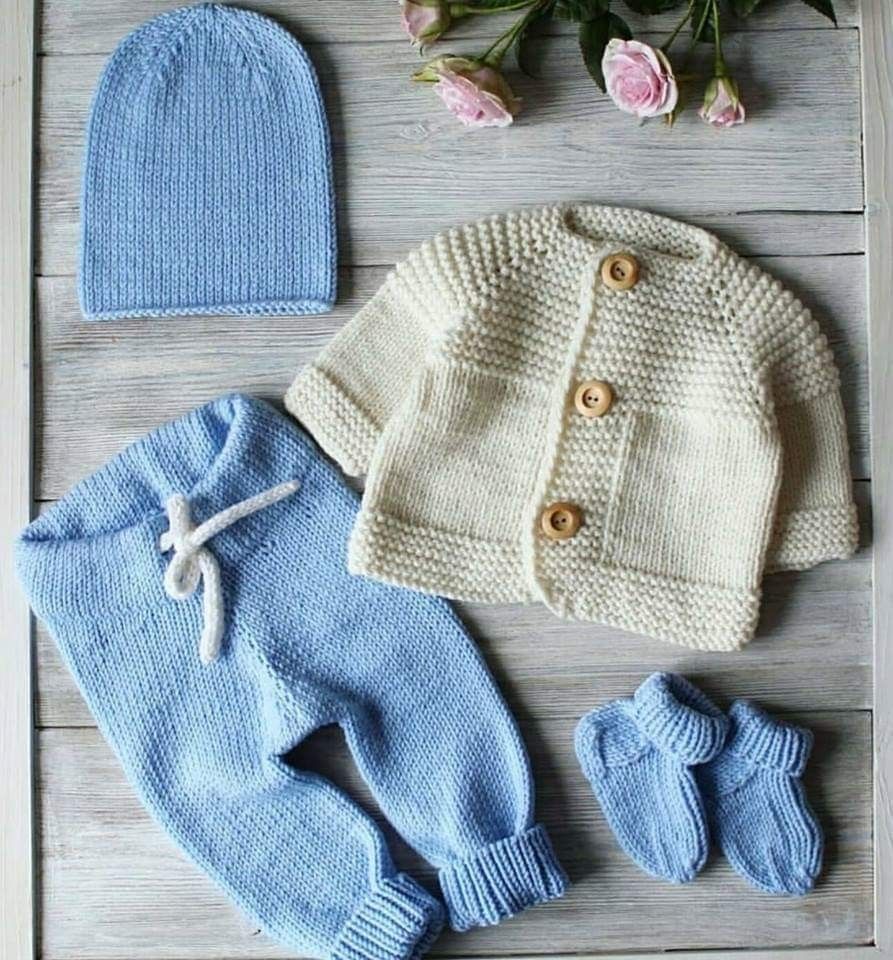 Handmade crochet baby boy cardigan set in cream and blue including cardigan, pants, hat and booties