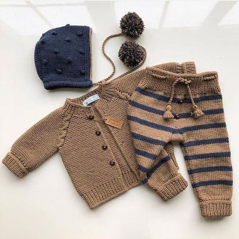 Handmade crochet baby boy cardigan and striped pants set with hat in camel and navy