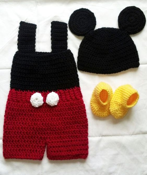 Handmade crochet baby boy dungaree set with mouse ear hat and yellow booties in black and red
