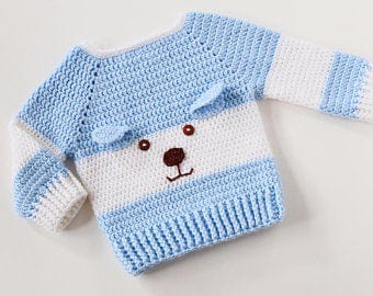 Handmade crochet baby boy puppy face sweater in blue and white