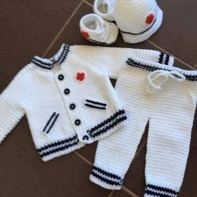 Handmade crochet baby boy sailor set in white and navy including cardigan, pants, hat and booties
