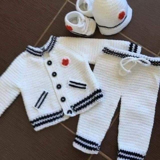 Handmade crochet baby boy sailor set in white and navy including cardigan, pants, hat and booties