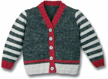 Handmade crochet baby boy green and white striped cardigan with red trim detail and button front