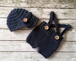 Handmade crochet baby boy suspender shorts and cap set in dark grey