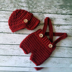 Handmade crochet baby boy suspender shorts and cap set in maroon