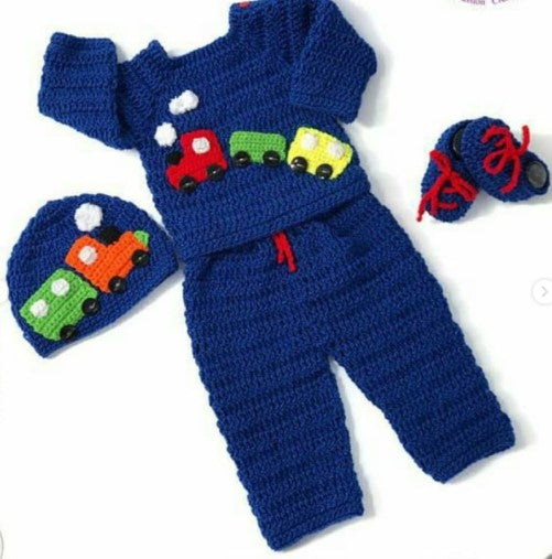 Handmade crochet baby boy train sweater set in blue including sweater, pants, hat and booties