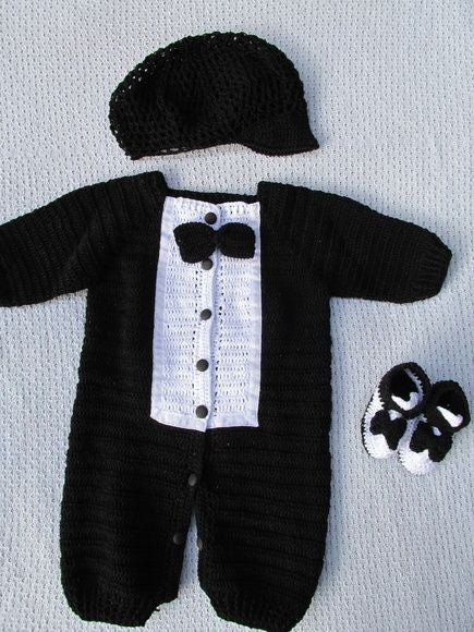 Handmade crochet baby boy tuxedo set in black and white including romper, hat and booties