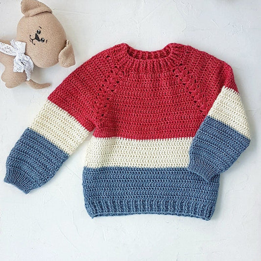 Handmade crochet baby color block sweater in red, cream and blue