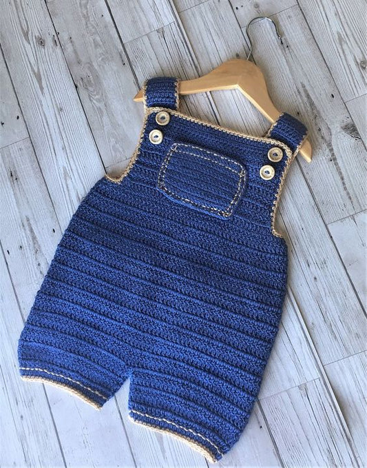 Handmade crochet baby denim style short dungaree in blue with pocket detail