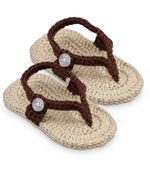 Handmade crochet baby flip flop sandals in beige and brown with button detail
