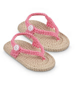 Handmade crochet baby flip flop sandals in beige and pink with button detail