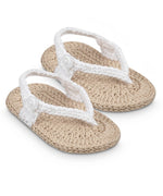 Handmade crochet baby flip flop sandals in beige and white with button detail