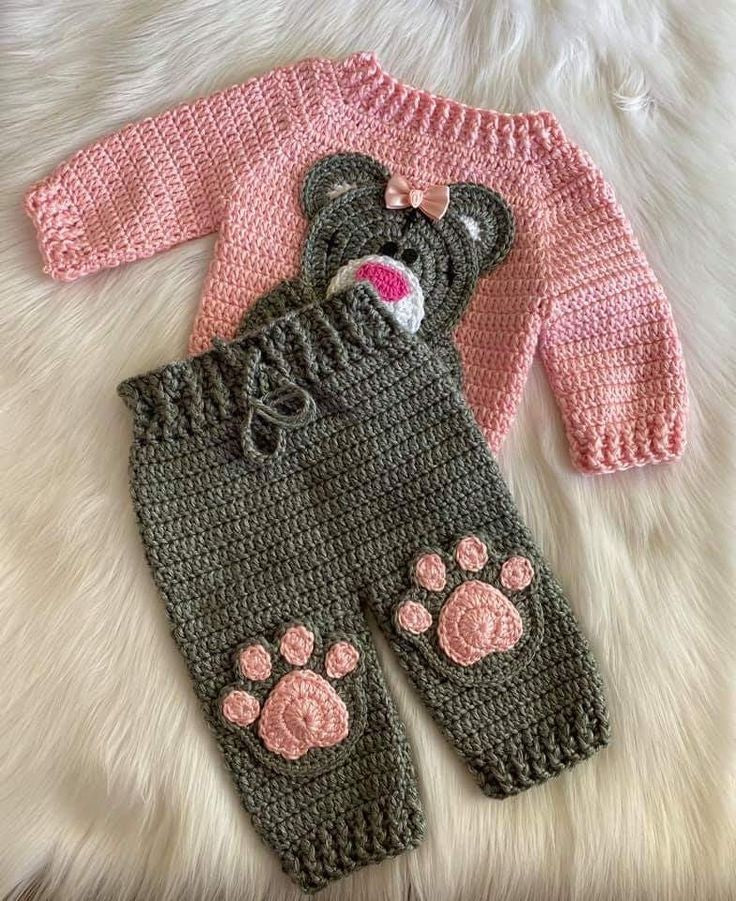 Handmade crochet baby girl bear dungaree and sweater set in olive green and pink