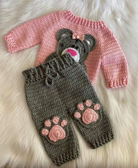 Handmade crochet baby girl bear dungaree and sweater set in olive green and pink