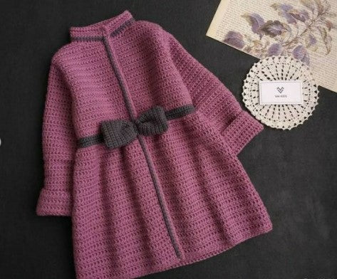 Handmade crochet baby girl coat with grey bow detail in mauve
