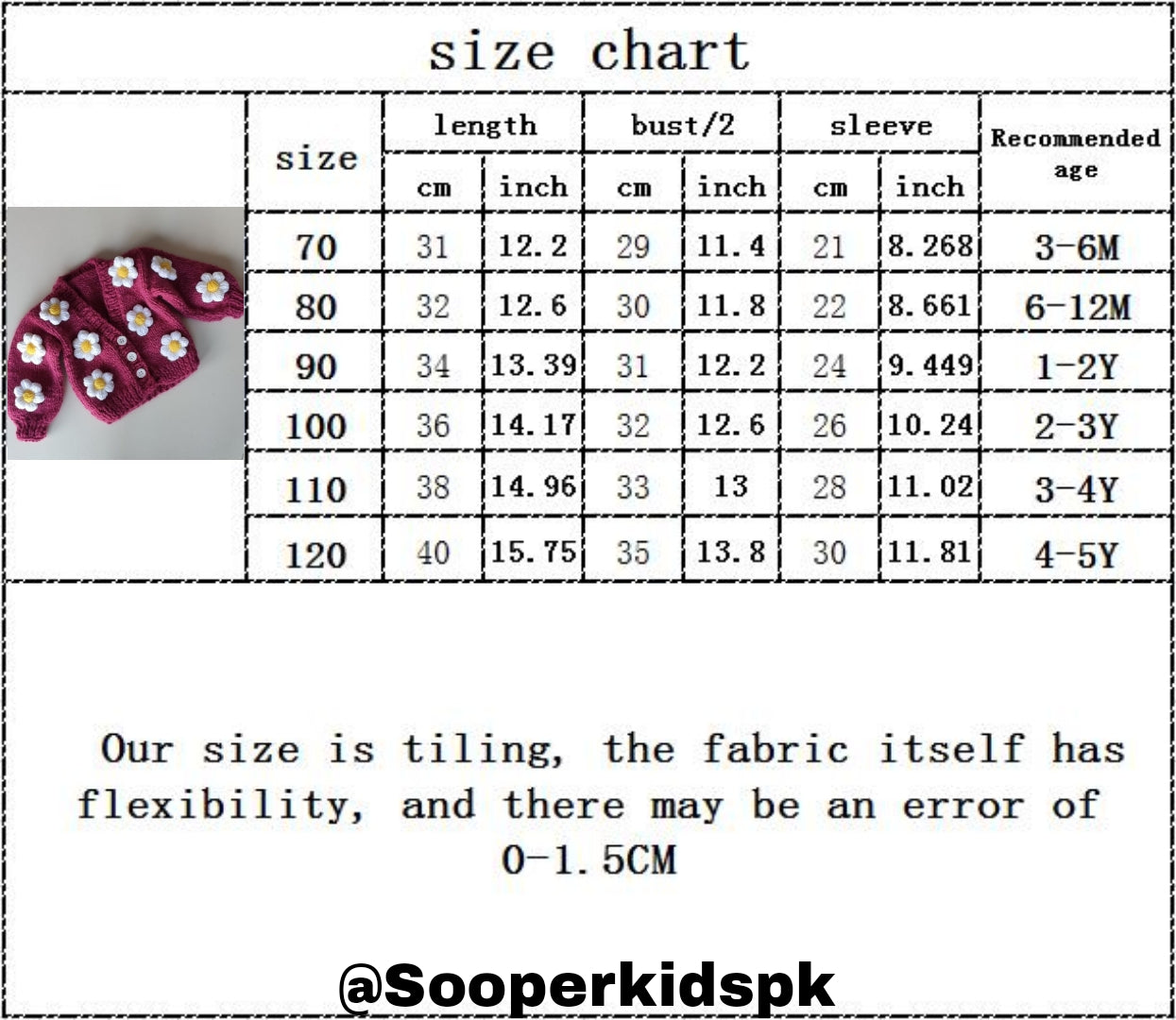Handmade crochet baby girl pink cardigan with white and yellow daisy flower appliques size chart