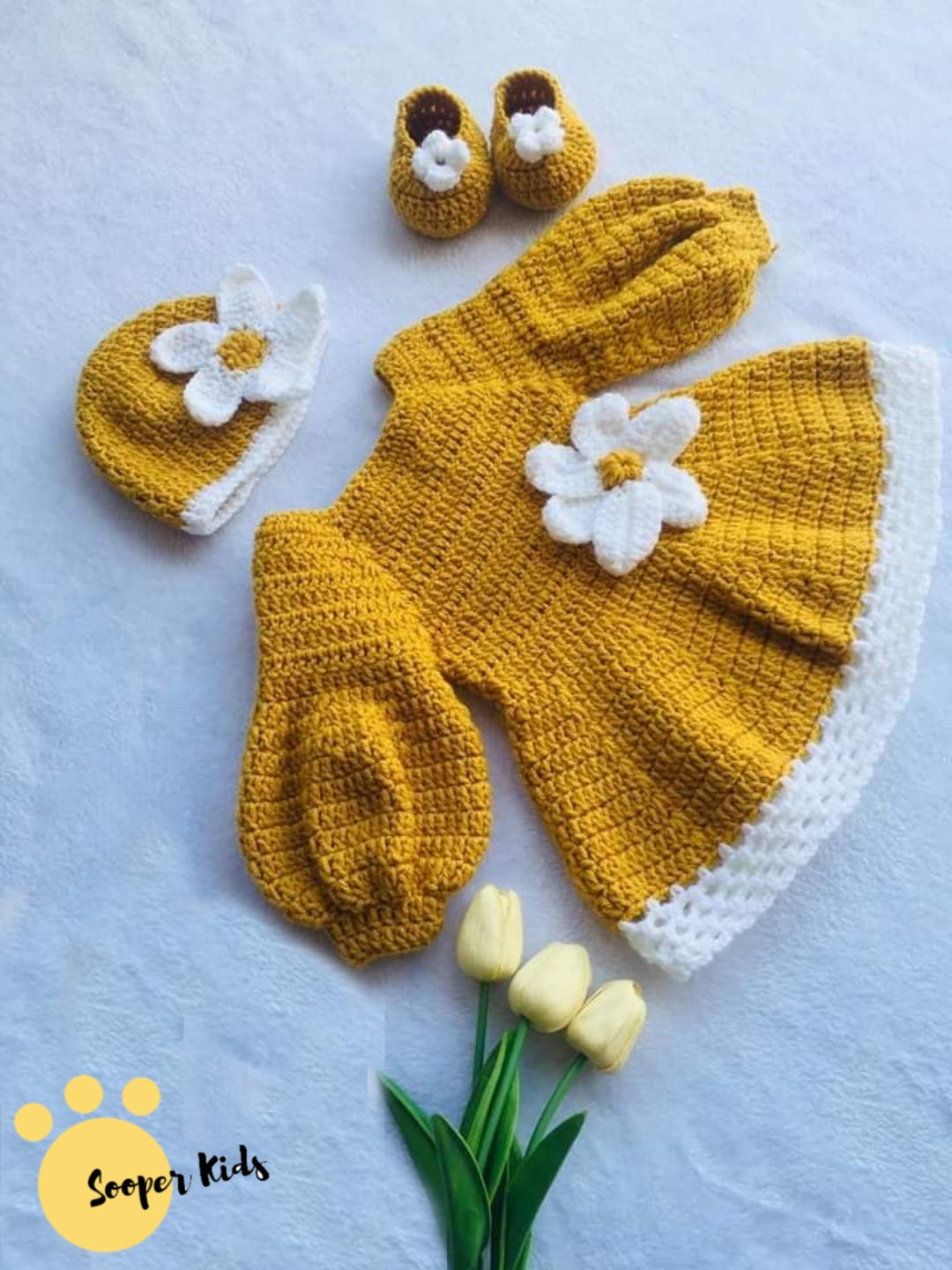 Handmade crochet baby girl daisy dress set with bloomers, hat and booties in mustard and white
