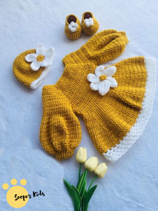 Handmade crochet baby girl daisy dress set with bloomers, hat and booties in mustard and white