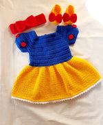 Handmade crochet baby girl dress set with headband and booties in blue and yellow