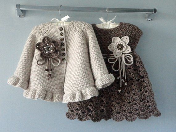 Handmade crochet baby girl floral dress and coat set in cream and brown