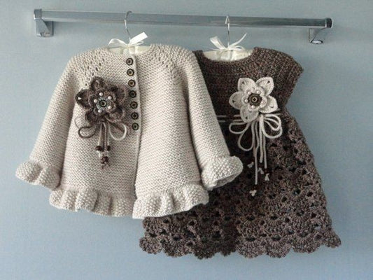 Handmade crochet baby girl floral dress and coat set in cream and brown