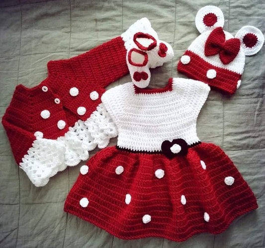 Handmade crochet baby girl polka dot dress set with cardigan, hat and booties in red and white