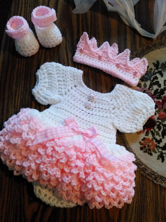 Handmade crochet baby girl princess dress set with crown headband and booties in pink and white