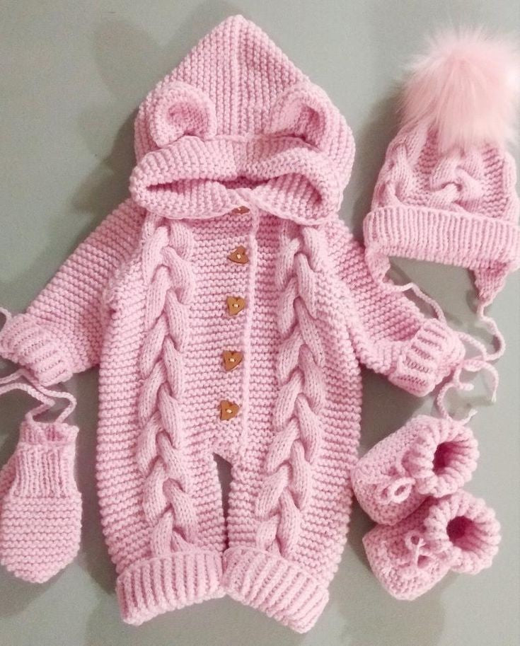 Handmade crochet baby girl pink hooded romper set with pom pom hat, mittens and booties